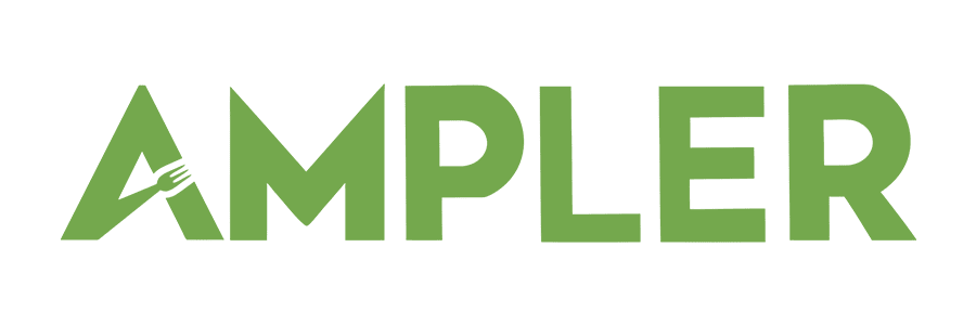 Ampler logo with a stylized fork in the letter A, representing dining and food services branding.