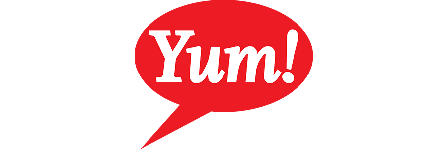 Red speech bubble with 'Yum!' in bold white text, representing excitement for delicious food.