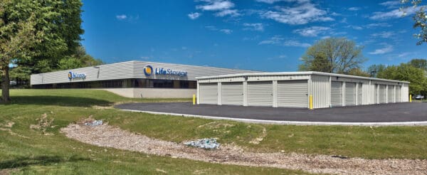 LifeStorage facility exterior with rental units in a landscaped area.