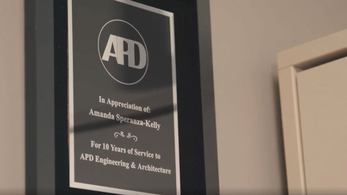 Plaque honoring 10 years of service to Amanda at APD Engineering & Architecture.