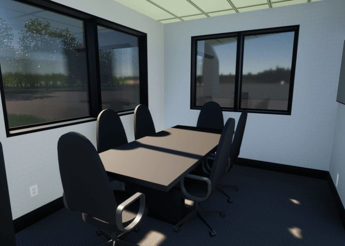 Modern conference room with large windows, black chairs, and a table; perfect for business meetings.
