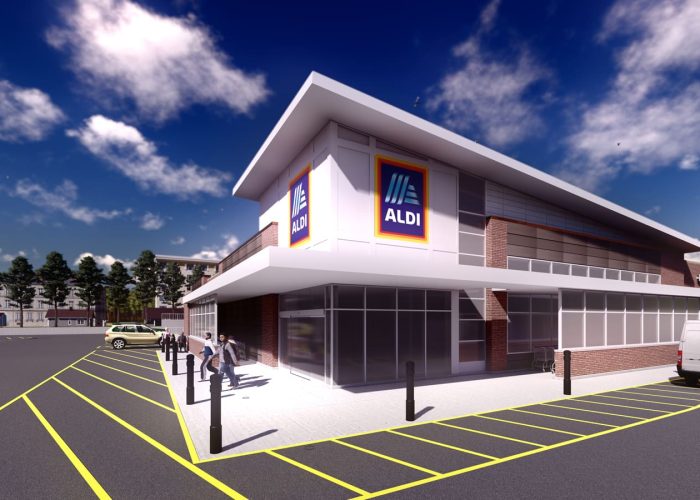 Exterior view of Aldi store with parking under a clear sky.